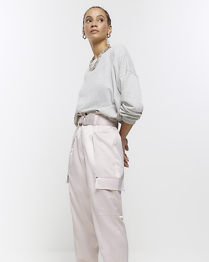 Pink satin paperbag cargo trousers