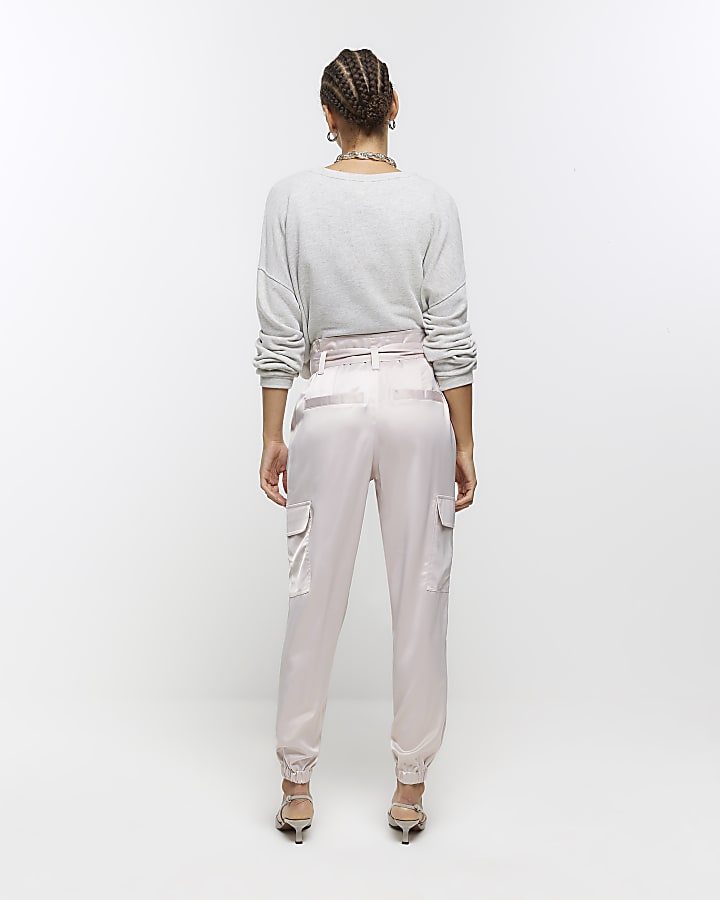Pink satin paperbag cargo trousers
