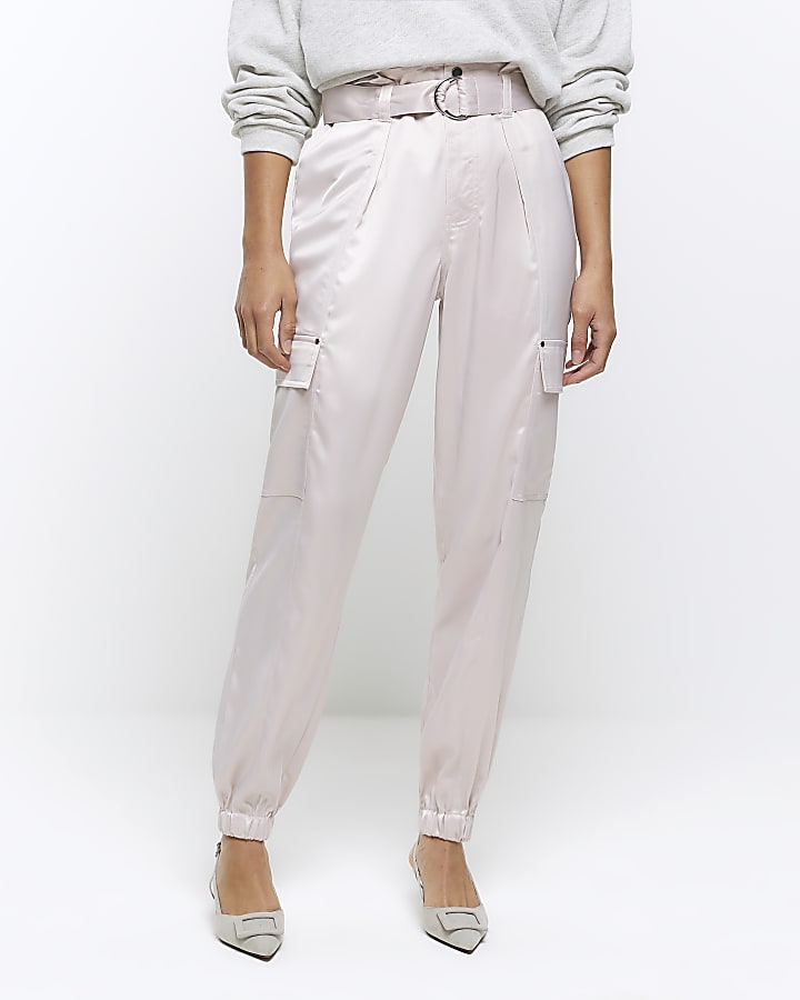 Pink satin paperbag cargo trousers