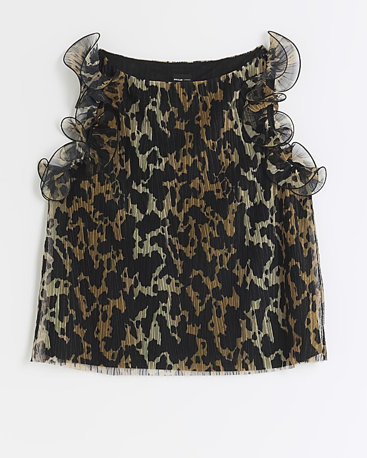 Brown plisse leopard print frill vest top