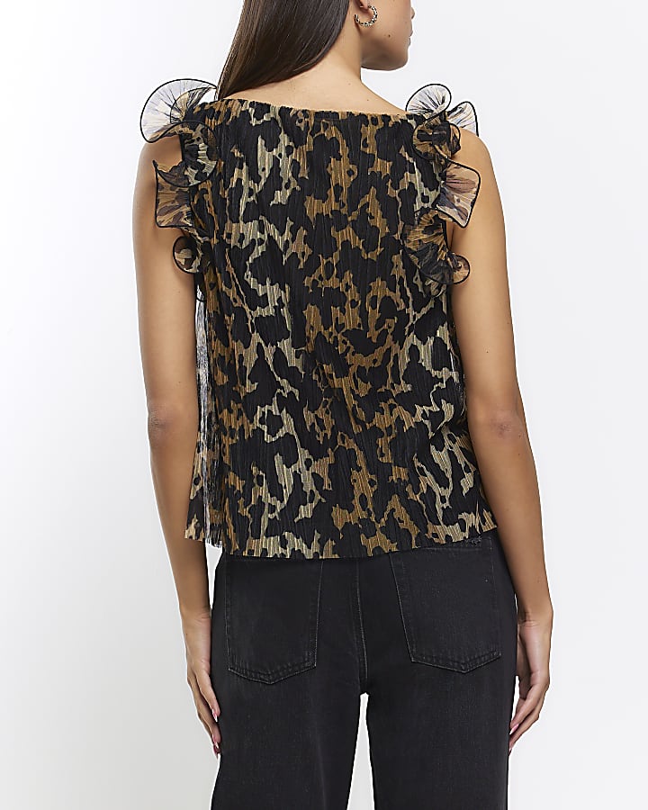 Brown plisse leopard print frill vest top