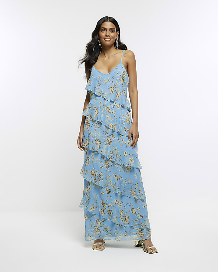 Blue floral ruffle maxi dress River Island