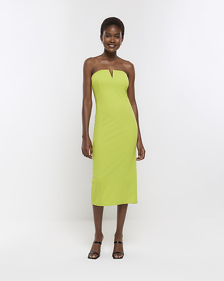 Lime green bandeau bodycon midi dress River Island