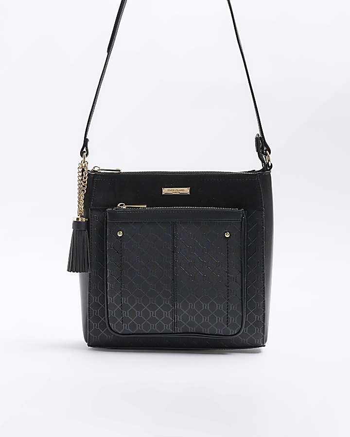 Black RI monogram messenger bag River Island