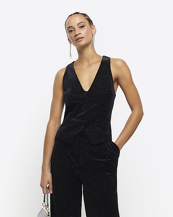 Black velvet sparkle waistcoat River Island