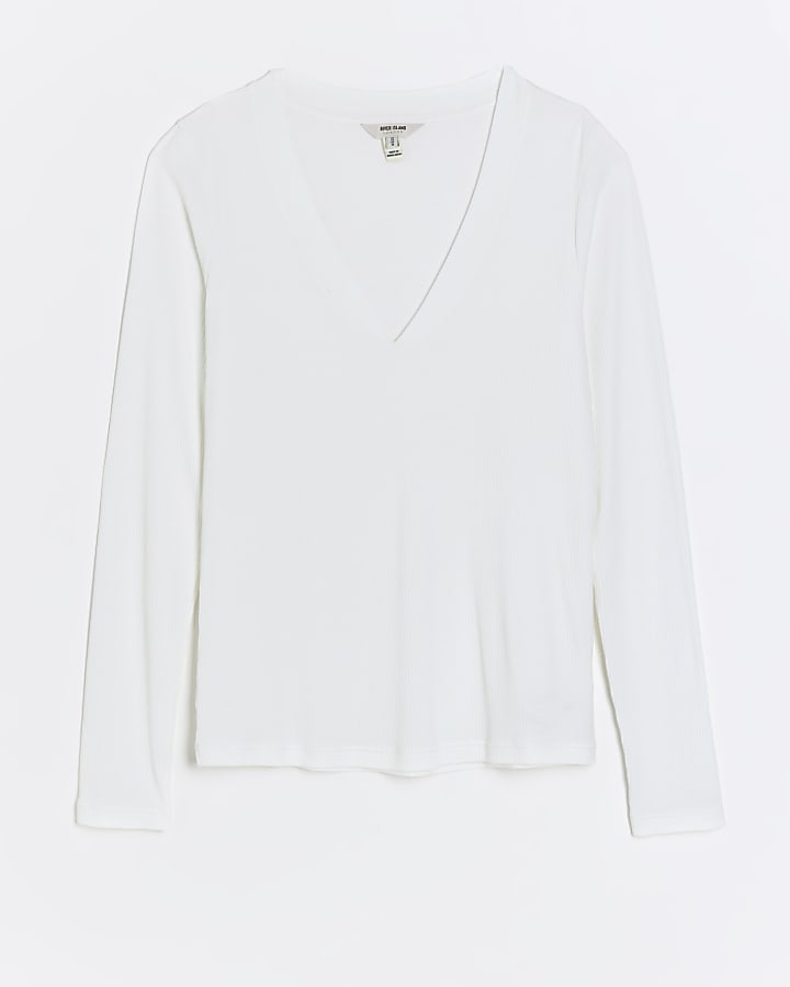 White rib v-neck long sleeve top