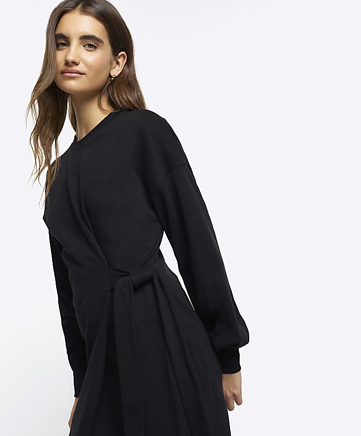 Black Side Tie Sweat Mini Dress