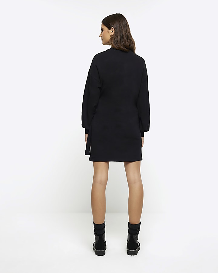 Black Side Tie Sweat Mini Dress