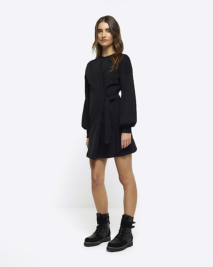 Black Side Tie Sweat Mini Dress