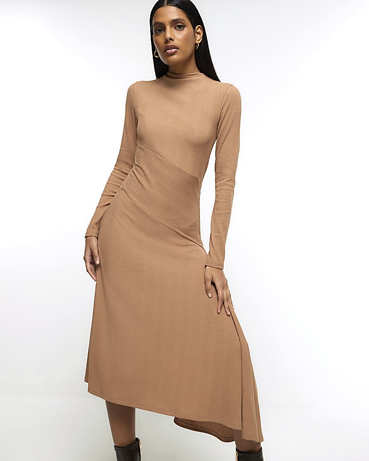 Beige rib asymmetric bodycon midi dress