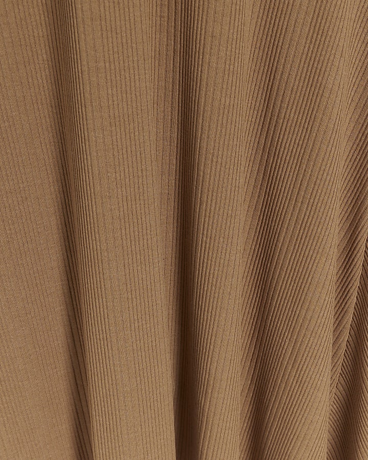 Beige rib asymmetric bodycon midi dress