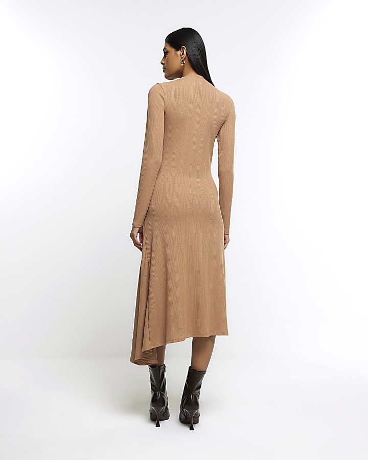 Beige rib asymmetric bodycon midi dress