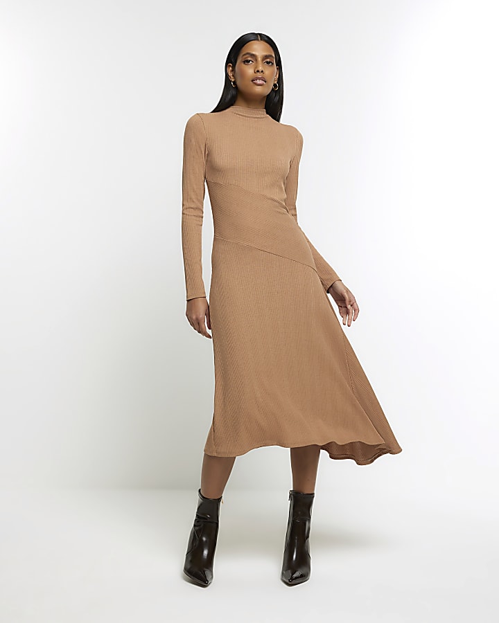 Beige rib asymmetric bodycon midi dress