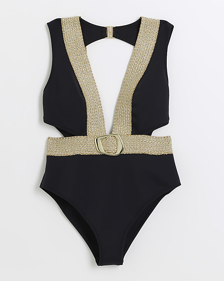 Black buckle plunge swimsuit