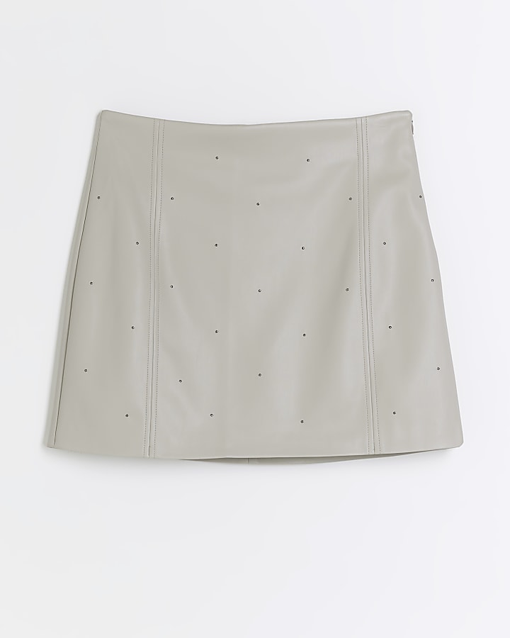 Grey faux leather studded mini skirt