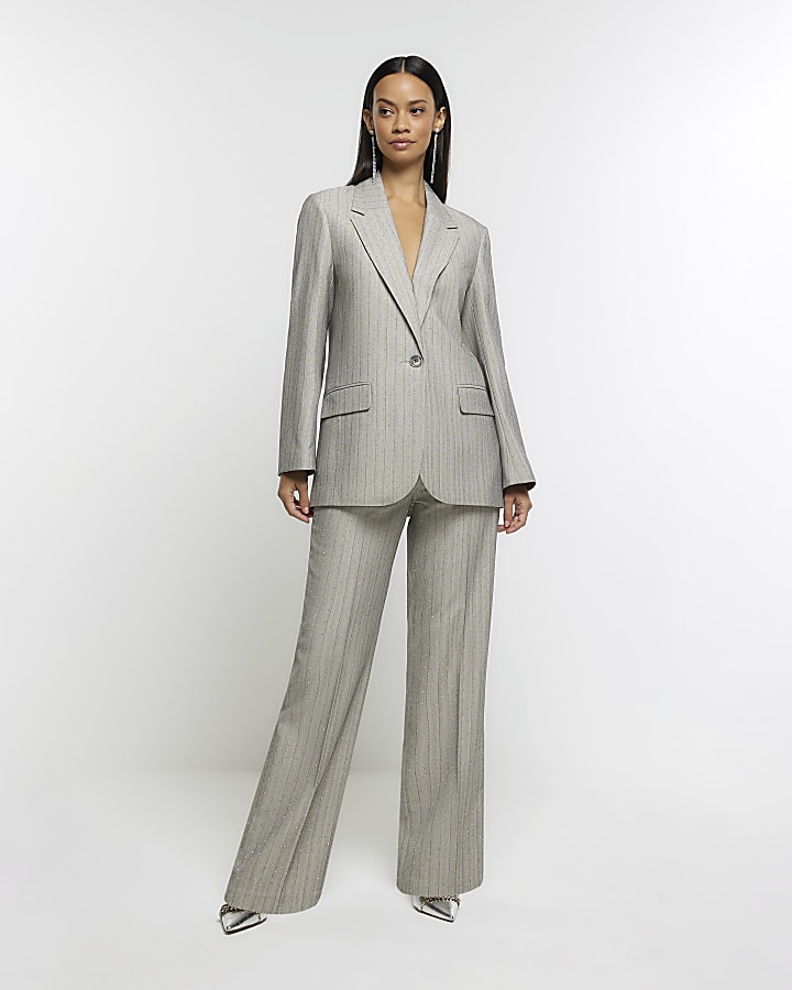 Grey stripe diamante straight trousers