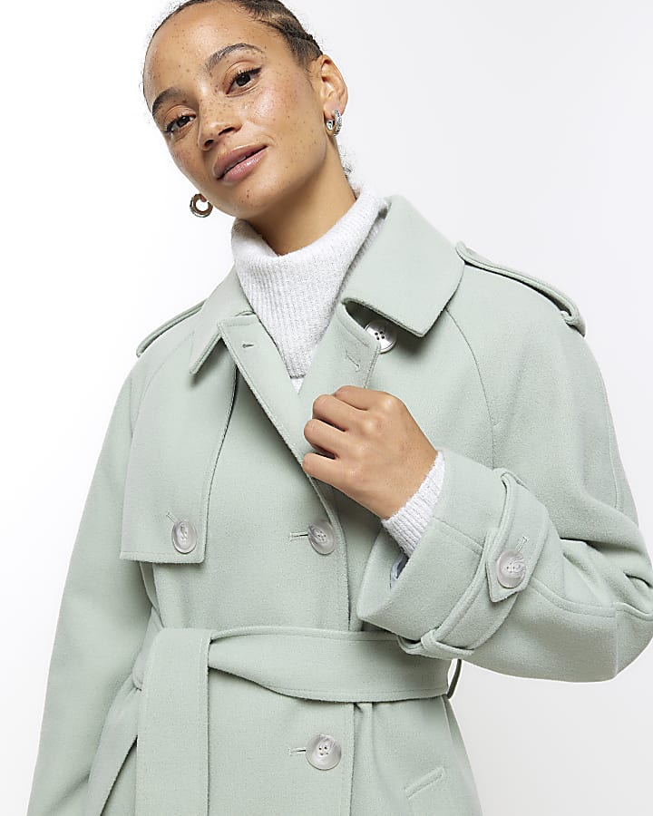Green belted longline trench coat