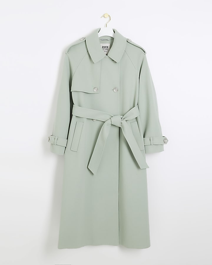 Green belted longline trench coat