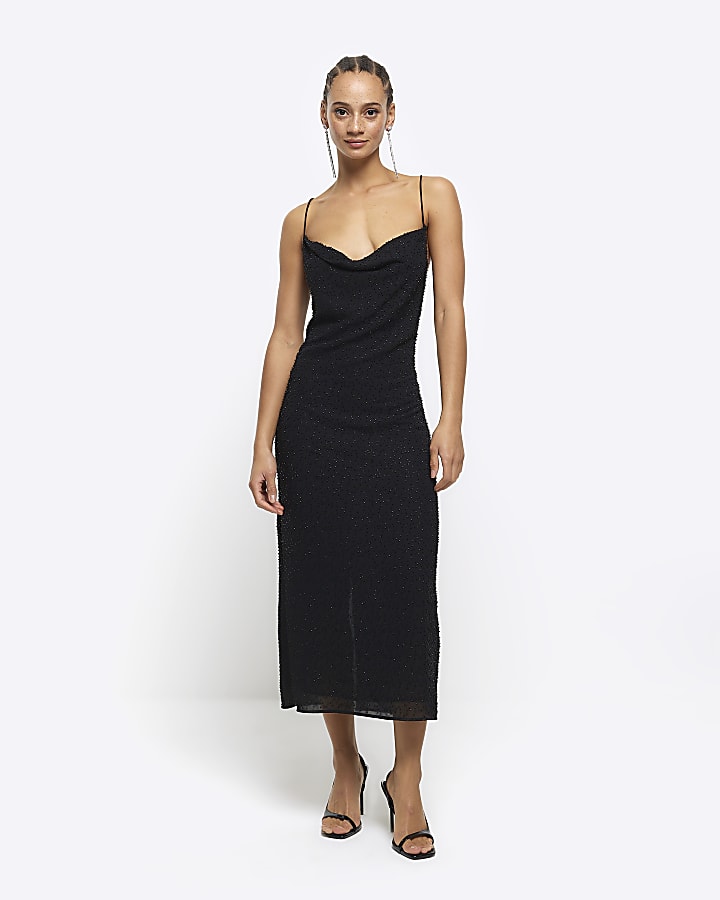 Black chiffon beaded slip midi dress