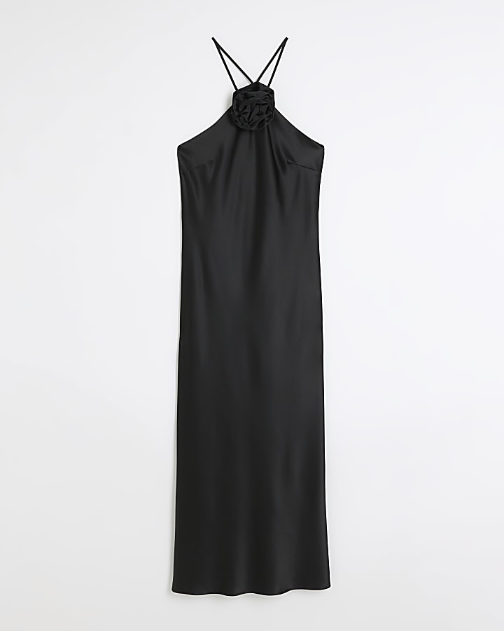 Black satin corsage bodycon midi dress