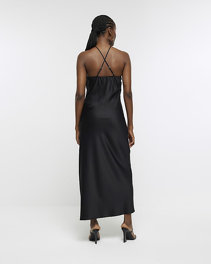 Black satin corsage bodycon midi dress
