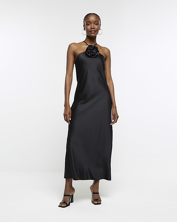Black satin corsage bodycon midi dress