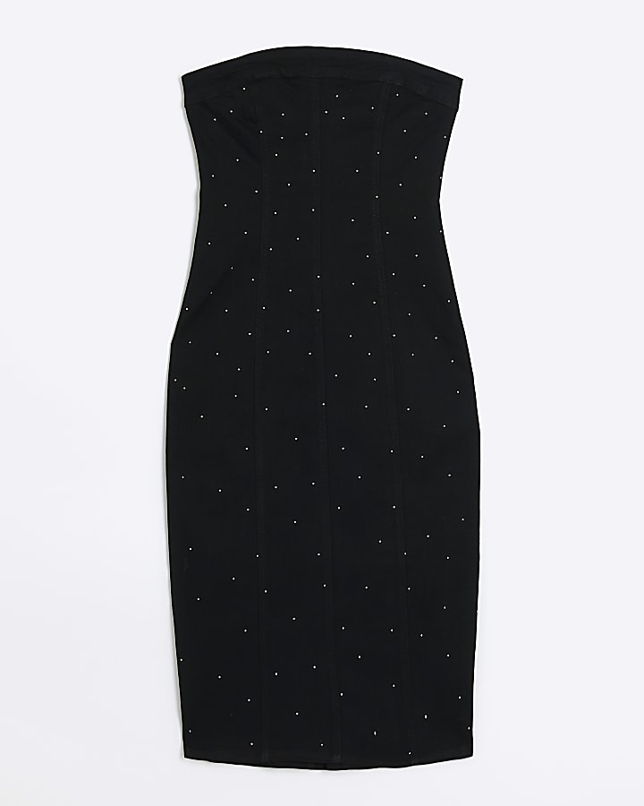 Black denim diamante bandeau midi dress