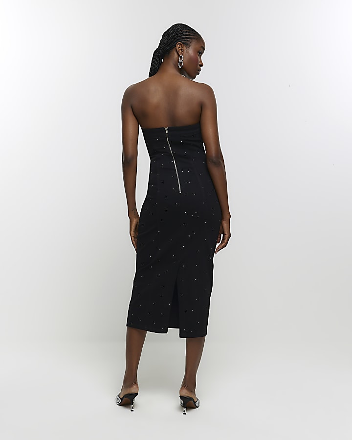 Black denim diamante bandeau midi dress