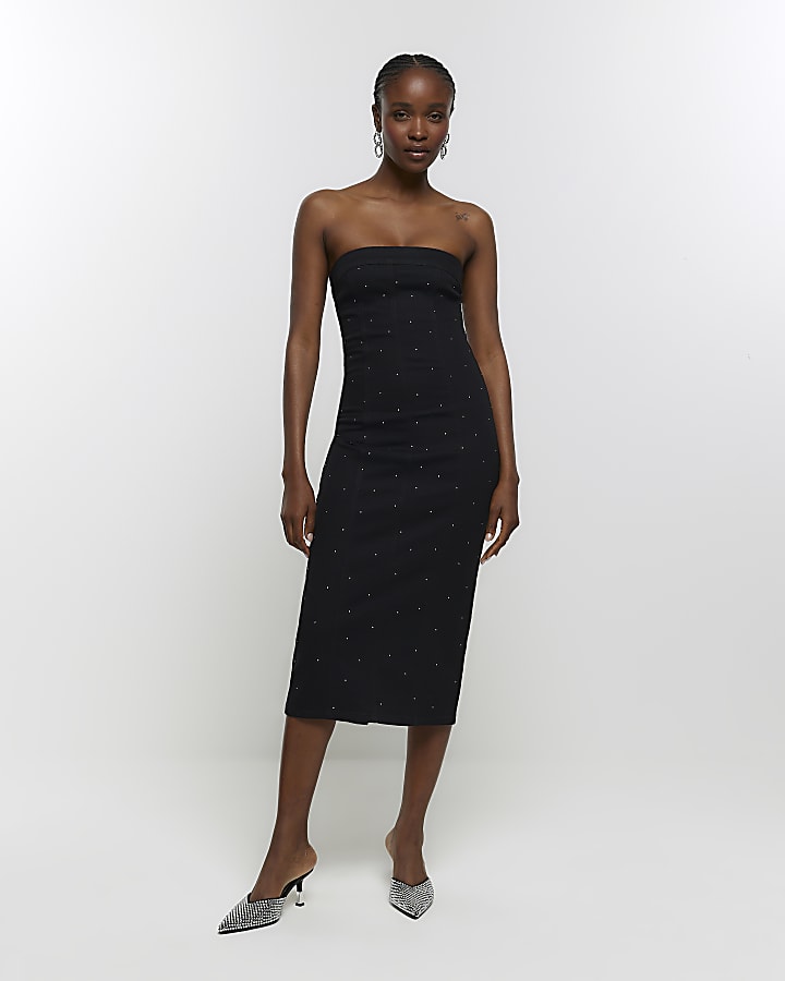 Black denim diamante bandeau midi dress