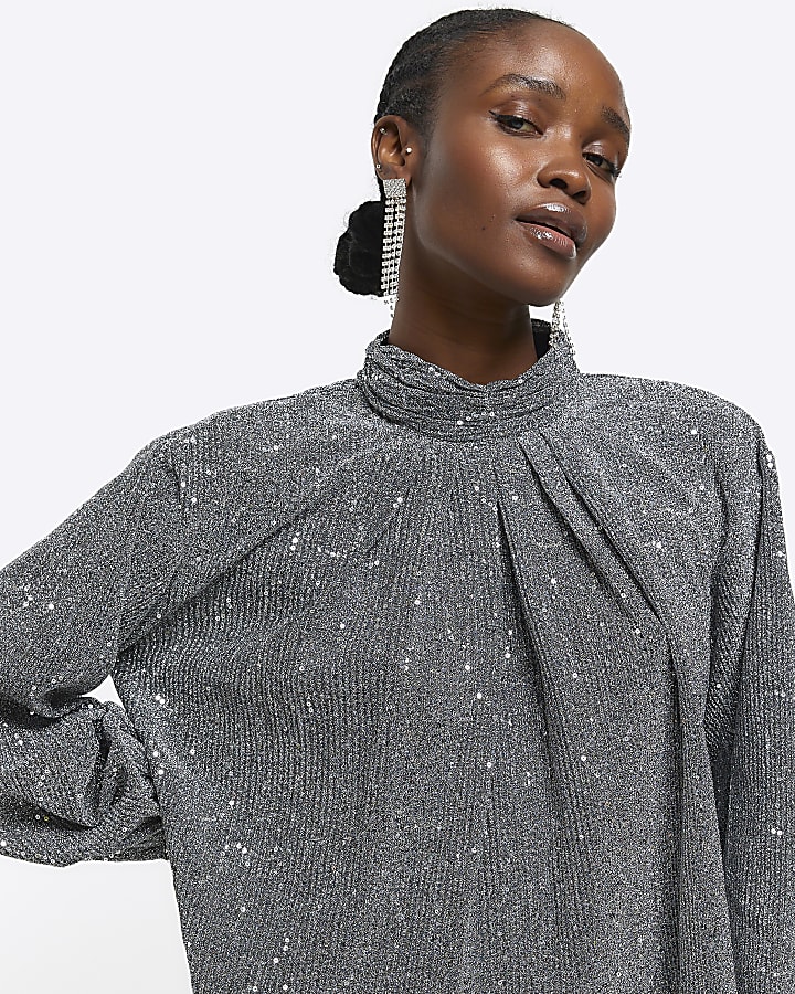 Silver glitter high neck blouse