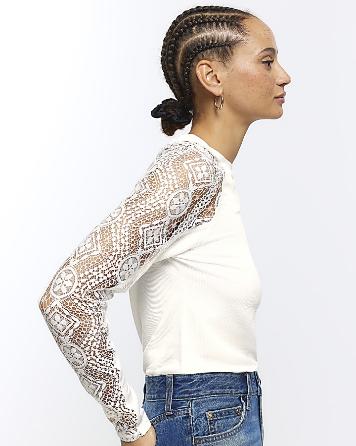 Cream rib lace long sleeve top