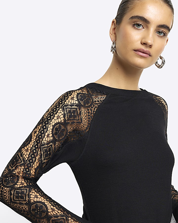 Black rib lace long sleeve top