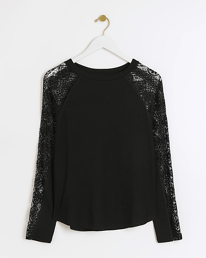 Black rib lace long sleeve top