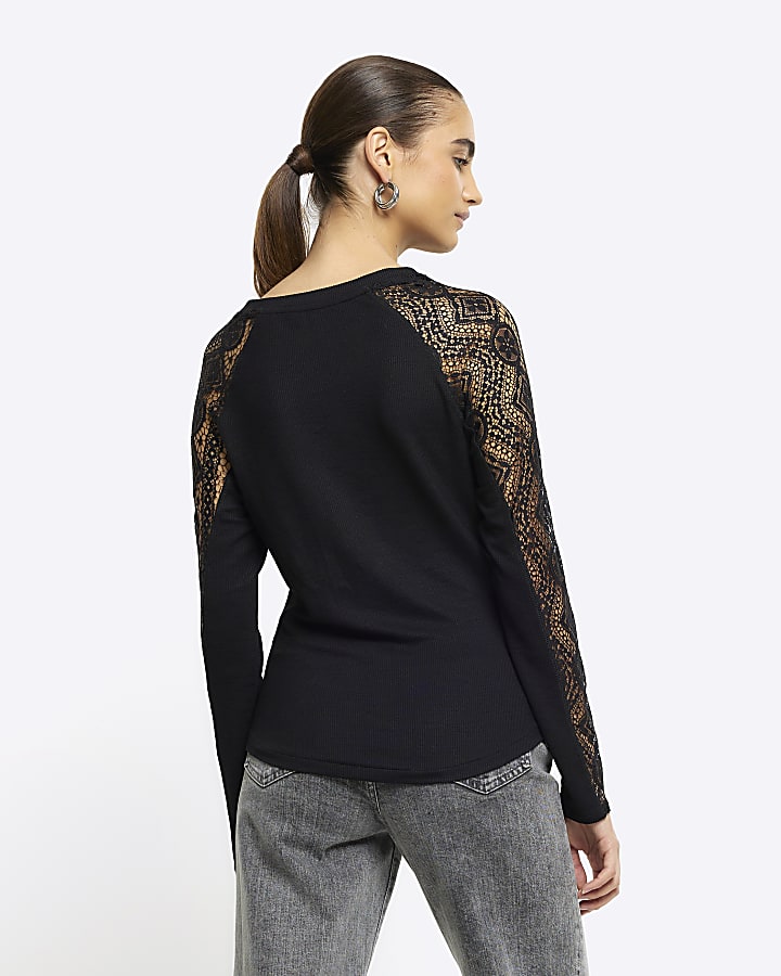 Black rib lace long sleeve top