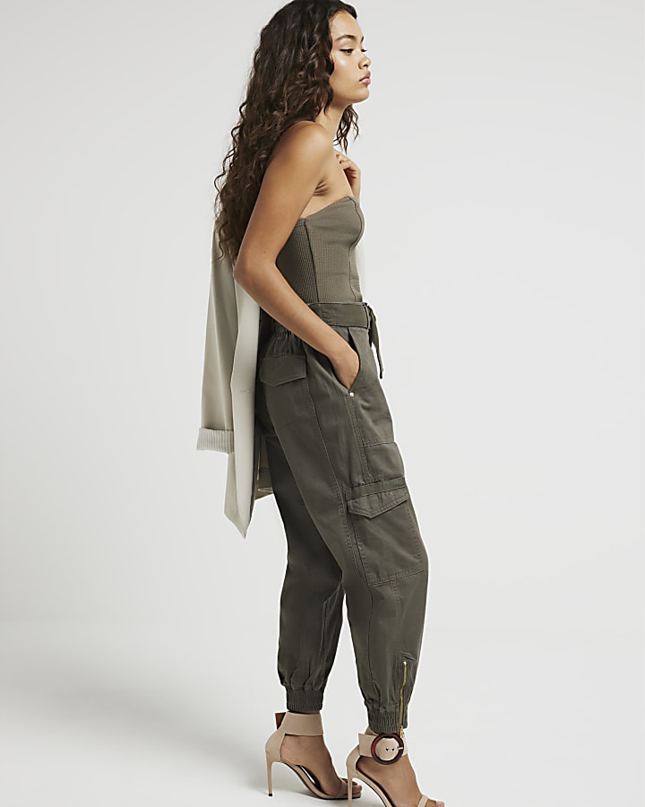 Petite khaki belted utility cargo trousers