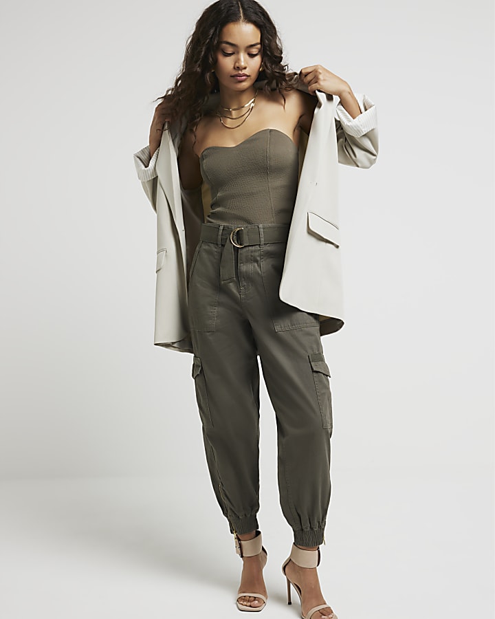 Petite khaki belted utility cargo trousers