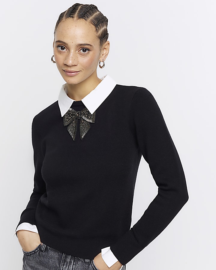 Black fluffy bow hybrid jumper