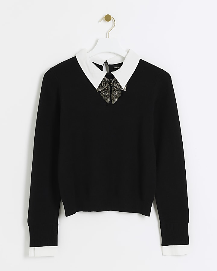 Black fluffy bow hybrid jumper