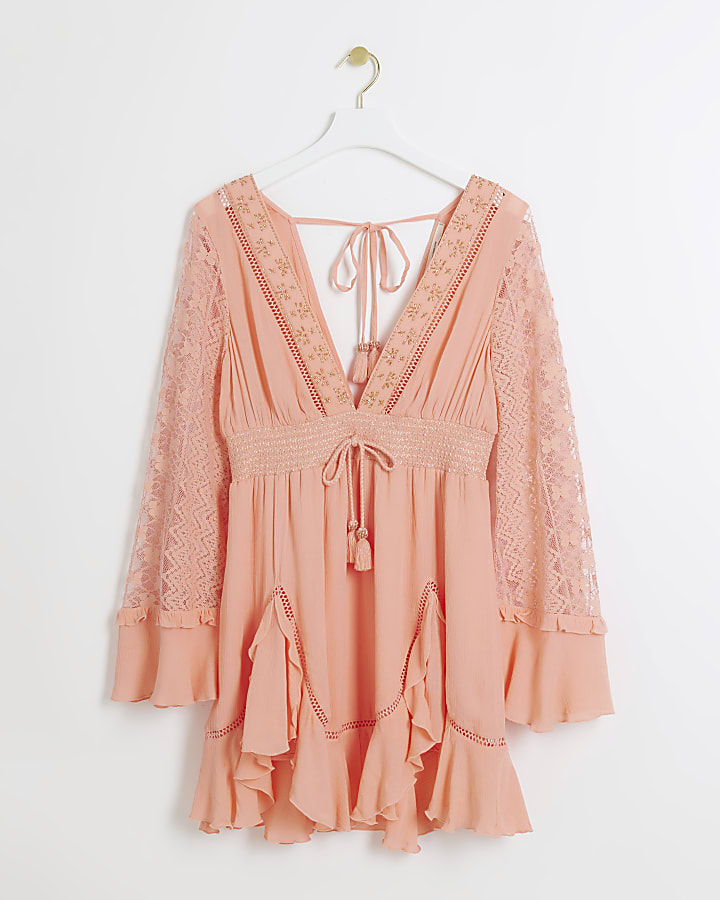 Coral broderie plunge beach mini dress