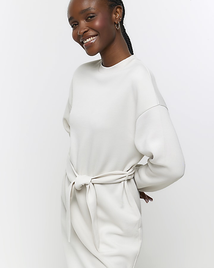 Cream tie jersey sweatshirt midi dress