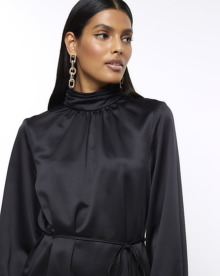 Black satin tie waist shift mini dress