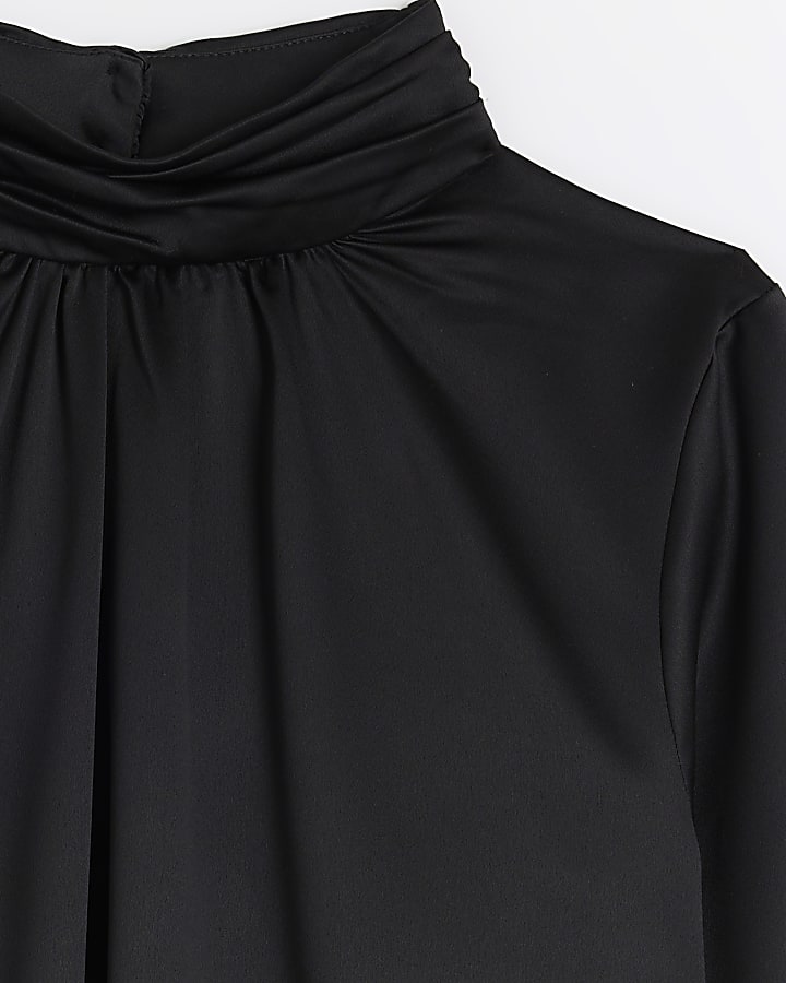 Black satin tie waist shift mini dress