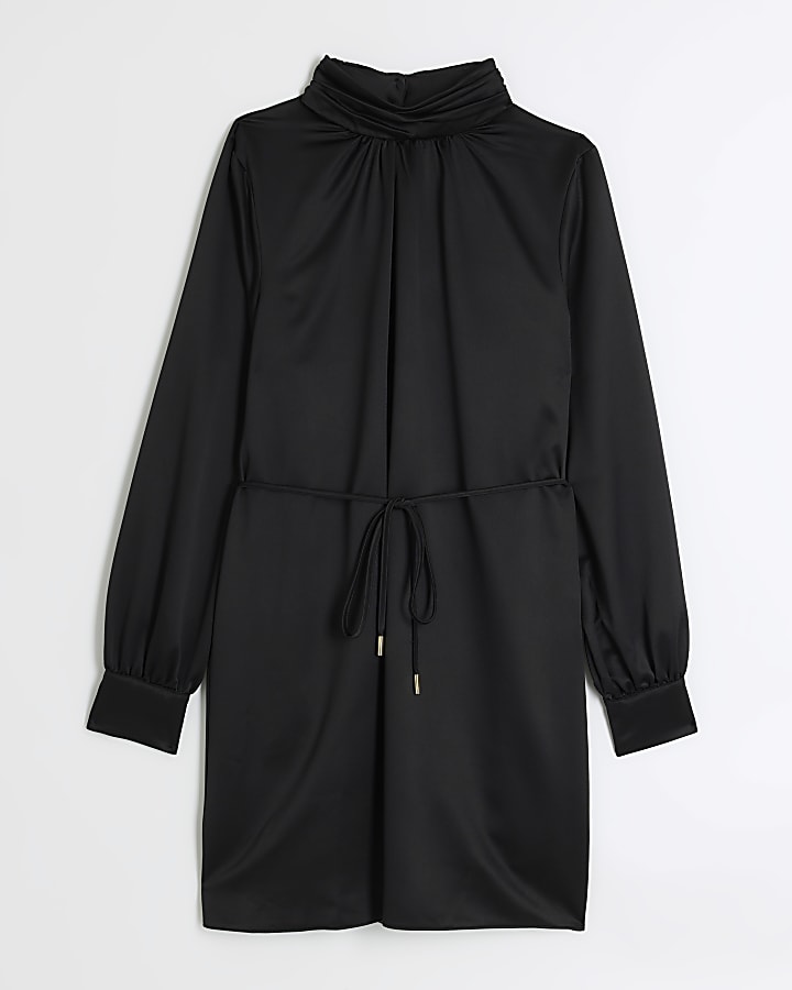 Black satin tie waist shift mini dress
