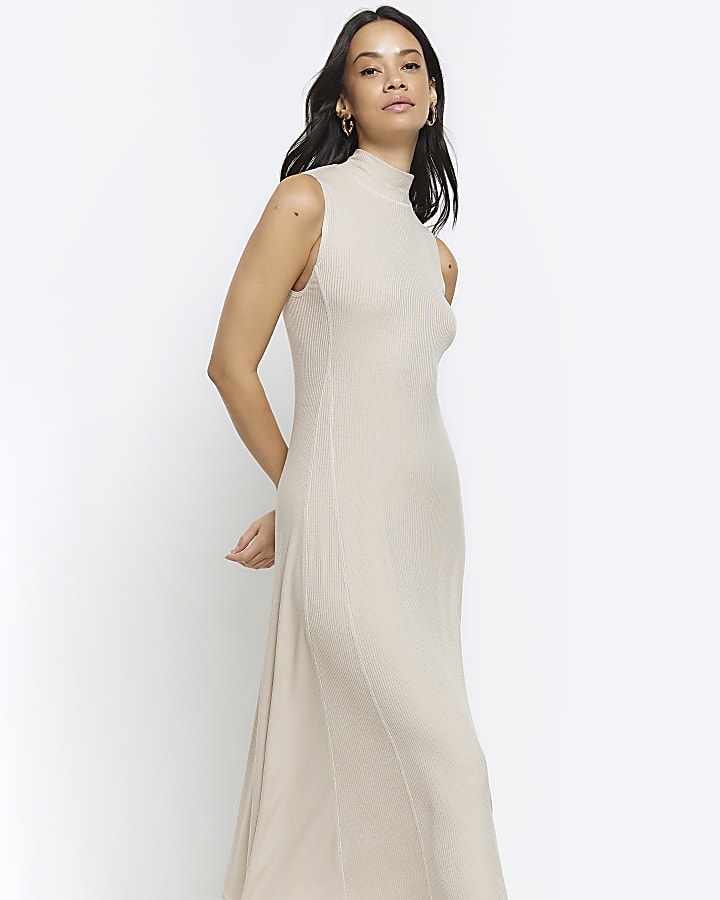 Beige rib sleeveless midi dress