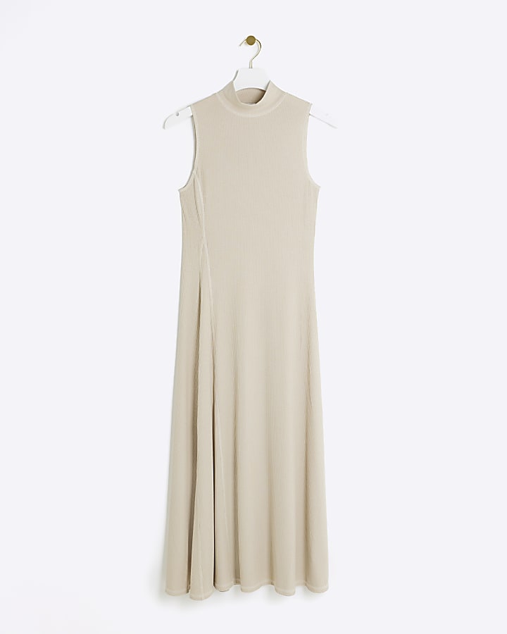 Beige rib sleeveless midi dress