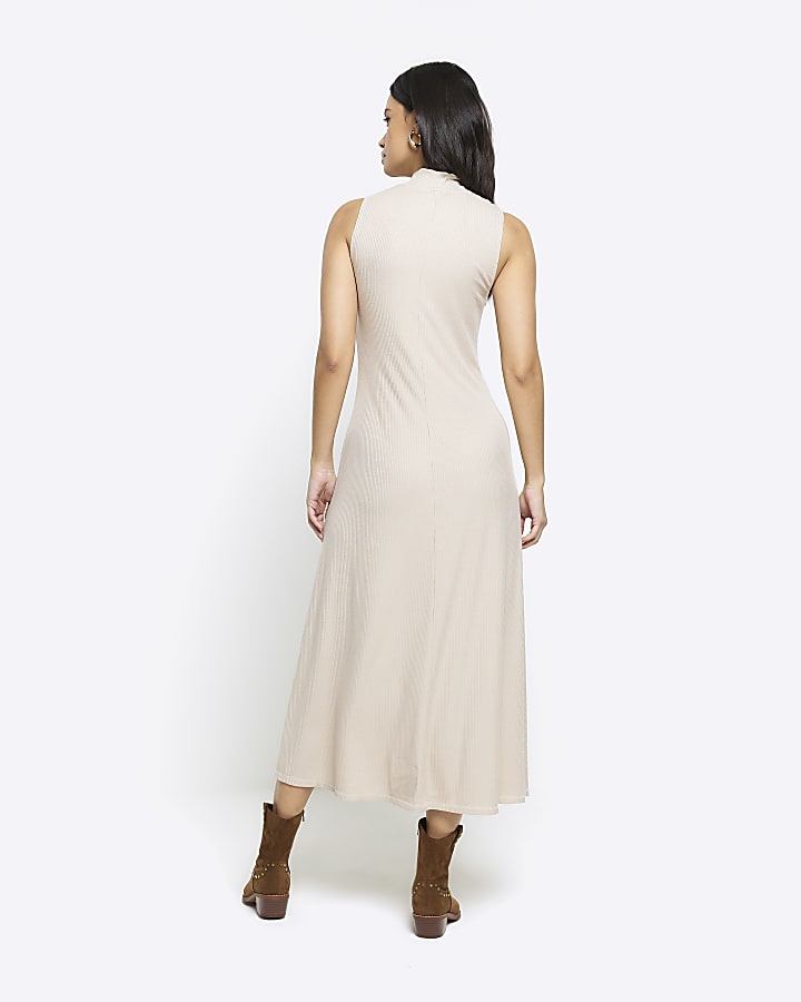 Beige rib sleeveless midi dress