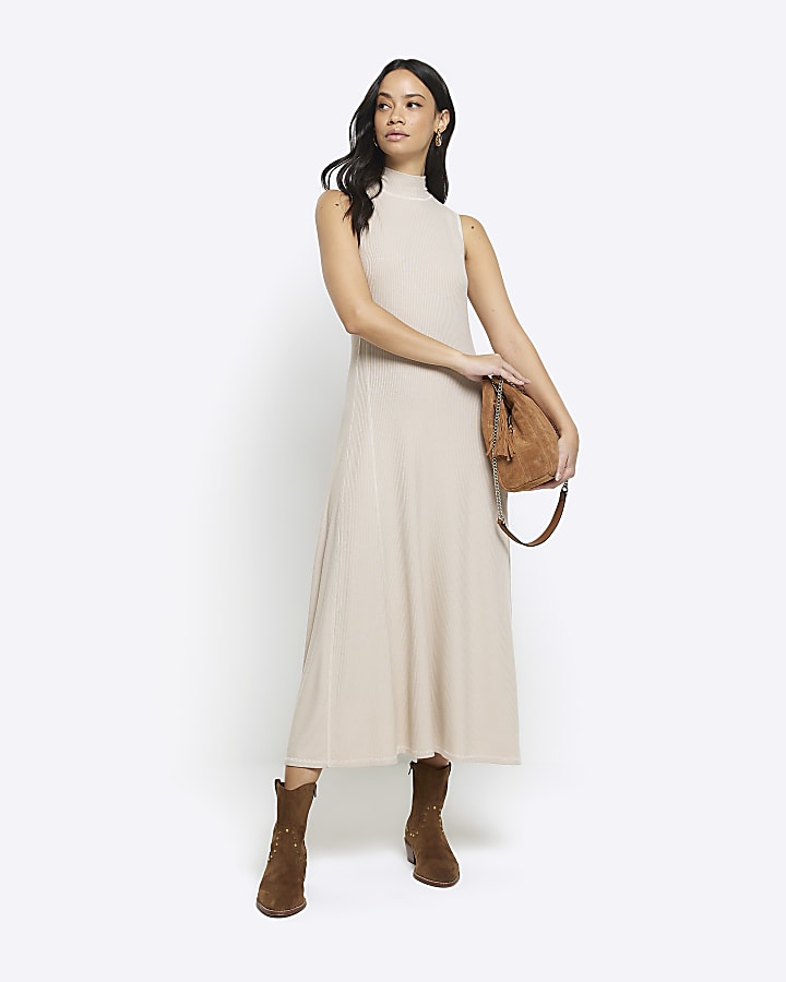 Beige rib sleeveless midi dress