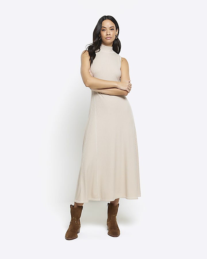 Beige rib sleeveless midi dress