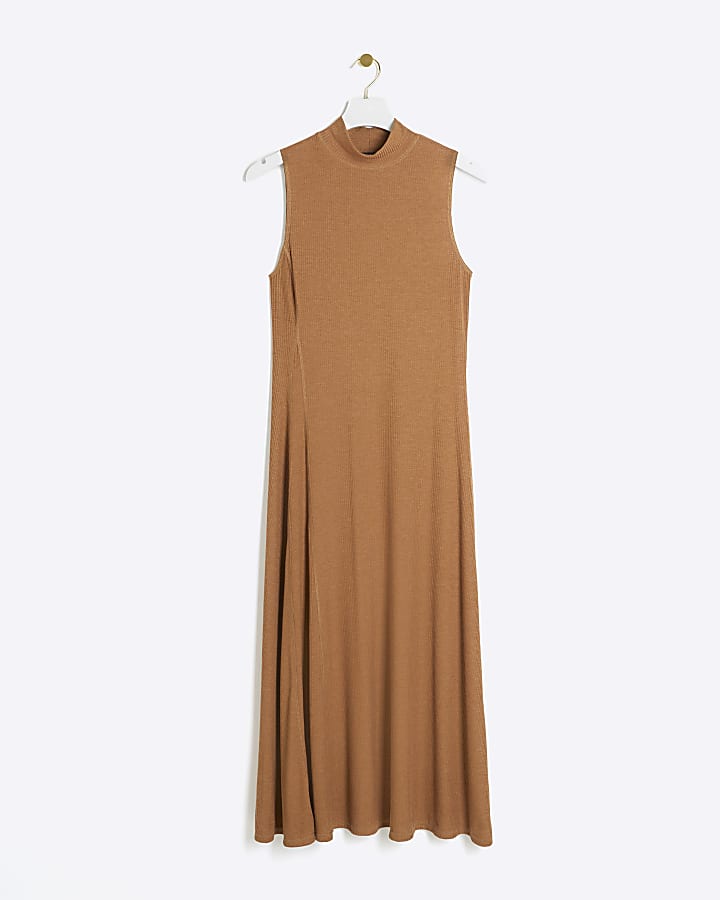 Brown rib high neck bodycon midi dress