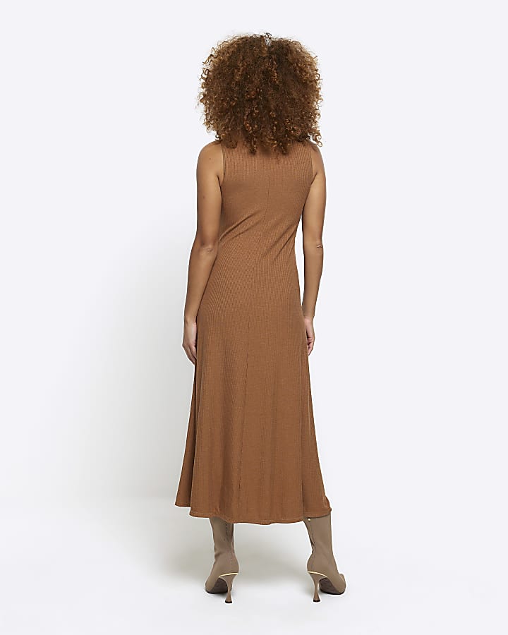 Brown rib high neck bodycon midi dress